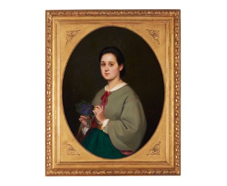 A portrait of a lady with bouquet of violetsOil on canvasSigned and dated 1862100x83 cm