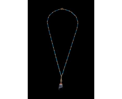 A chainGold 800/000Lock chain of guilloche tubular links enamelled in white and blue, pendant with dendritic agate and gold h