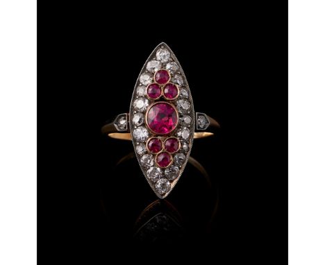 A ringGoldSet with seven rubies and 22 antique brilliant cut diamonds totalling approximately 0,80 ct.Early-20th centuryUnmar