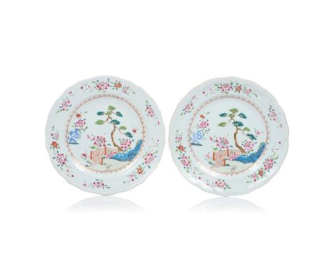 A pair of scalloped platesChinese export porcelainPolychrome Famille Rose enamelled decoration of flowering landscapeQianlong