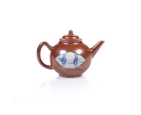 A teapot and coverChinese export porcelainChocolate coloured glaze with blue and white decoration of landscape and figures wi