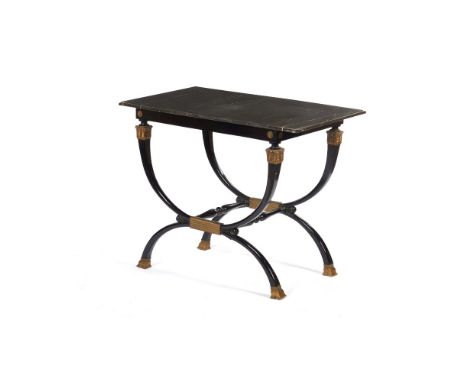 A pair of Empire style console tablesEbonised wood of yellow metal mountsBlack marble topsEurope, 20th century(signs of wear)
