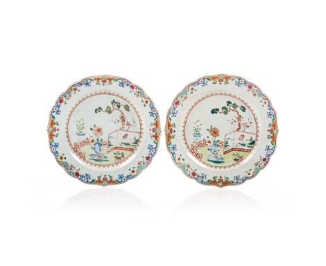 A pair of scalloped platesChinese export porcelainPolychrome and gilt decoration of central landscapeYongzheng reign (1723-17