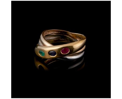 A triple ring bandBicoloured gold 800/000Set with 1 sapphire, 1 emerald and 1 oval cut rubyOporto hallmark (1985-2020)Med. 17