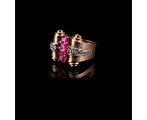 An Art Deco style ringGold 800/000Set with 4 synthetic rubies and rose cut diamondsOporto hallmark (1938-1985) and goldsmith'