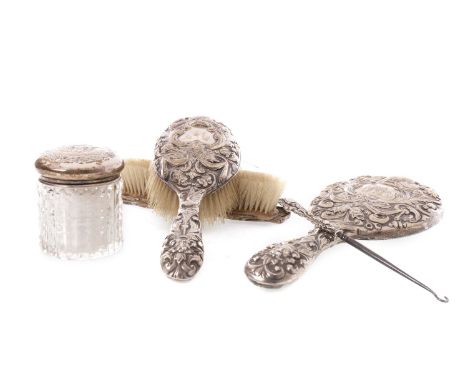 EDWARD VII SILVER COMPOSITE DRESSING TABLE SET, London and Birmingham marks, comprising hair brush, mirror, clothes brush and