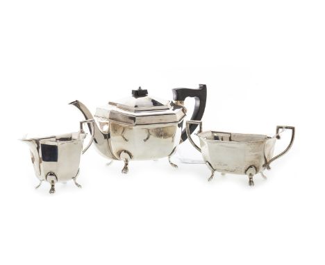 SILVER THREE PIECE TEA SERVICE, comprising teapot, cream and sugar, 885g gross