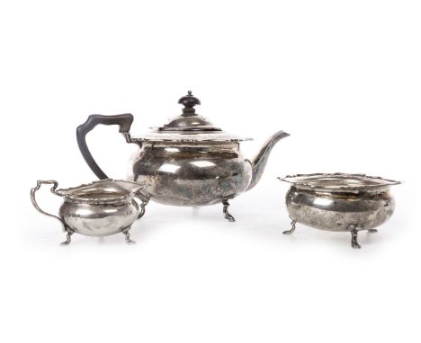 EDWARD VII SILVER THREE PIECE TEA SERVICE, maker Atkin Brothers, Sheffield 1907, comprising teapot, sugar and cream, all of c