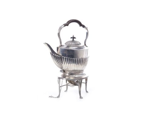 VICTORIAN SILVER TEA KETTLE ON STAND, maker Charles Favell & Co, Sheffield 1891, the oval teapot with semi-fluted body, the s