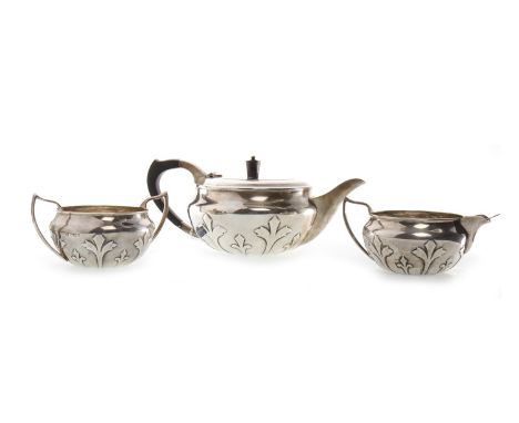 GEORGE V SILVER THREE PIECE TEA SERVICE OF ART DECO DESIGN, maker James Deakin &amp; Sons, Sheffield 1932, comprising tea pot