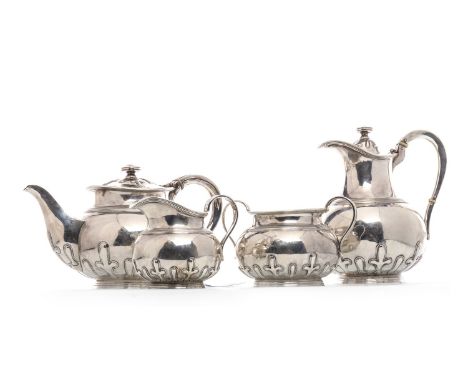 GEORGE V SILVER FOUR PIECE TEA AND COFFEE SERVICE, maker Sorley, Glasgow 1929, comprising teapot, coffee pot, sugar bowl and 