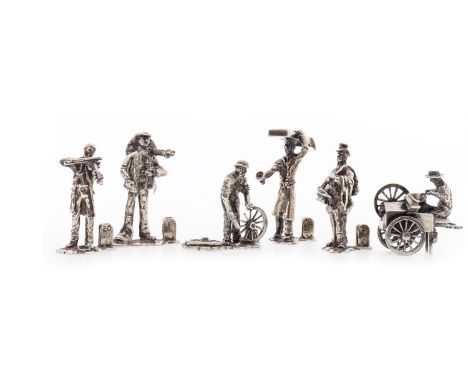 SET OF SIX LATE 20TH CENTURY SILVER MENU HOLDERS, maker Thomas Charles Jarvis, London 1990, each holder modelled as a figure 