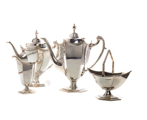 EARLY 20TH CENTURY SILVER PLATED FOUR PIECE TEA AND COFFEE SERVICE, maker Walker & Hall, Sheffield, comprising teapot, coffee