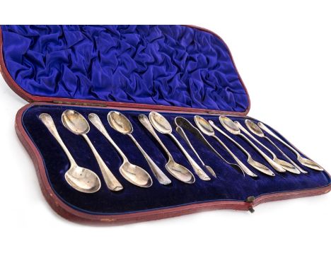 SET OF TWELVE VICTORIAN SILVER TEASPOONS AND TONGS, maker William Hutton &amp; Sons Ltd., London 1897, Hanovarian rat-tail pa