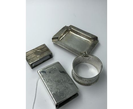 Collection of sterling silver items to include an ashtray, napkin ring &amp; 2 matchbox covers 105g 