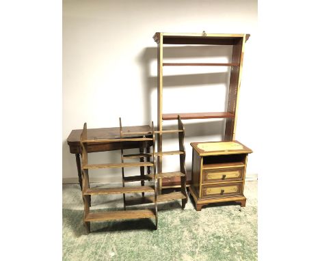 Pair of oak hanging shelves, another set of shelves, fold over tea table, small chest of drawers etc 