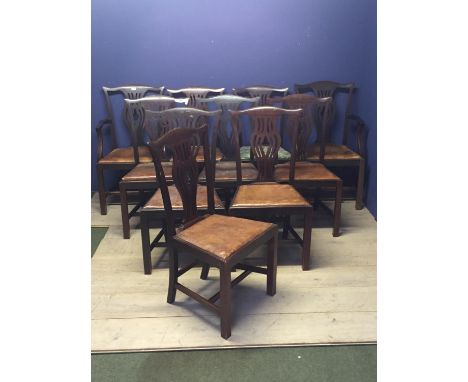 Set of 10 (8 &amp; 2) Chippendale style mahogany dining chairs with tan leather drop in seats 