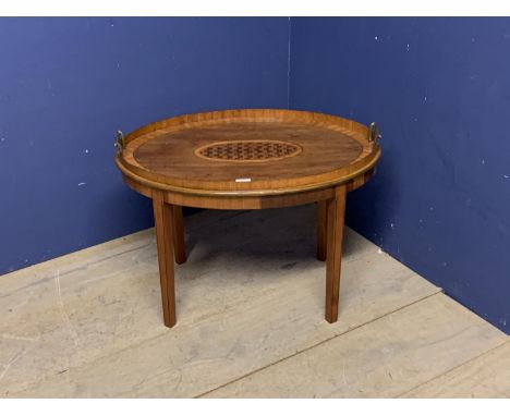 Satinwood &amp; inlaid oval top table with tapering legs &amp; brass handles 67 w cm 