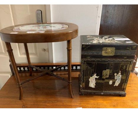 Mahogany stool with Chinese famile rose ceramic pot pouri insert &amp; a small Oriental lacquer work &amp; inlaid cabinet 
