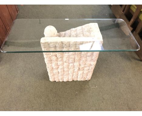 Contemporary console table with faux stone base &amp; glass top 110 w X 73 h cm 