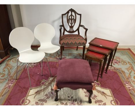 Chippendale style carver chair, nest of 3 leather topped tables, 2 modern chrome legged white chairs, upholstered velvet foot