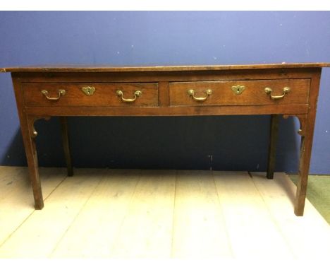 Georgian oak 2 drawer side table dresser base with original  brass handles, lock &amp; lock plates 152 x 56 cm 