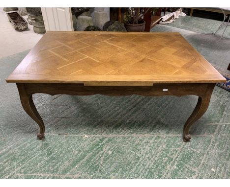 French oak extending dining table with geometric pattern, with 2 leaves 268 overall length 77 h cm 