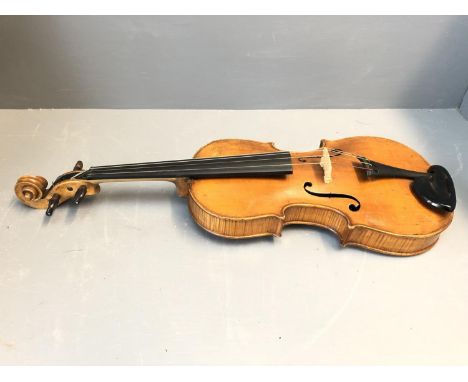 German viola circa 1880, cased, no bow. Length of back 386 cm, the 2 piece maple back of well rippled wood. Ribs of similar w