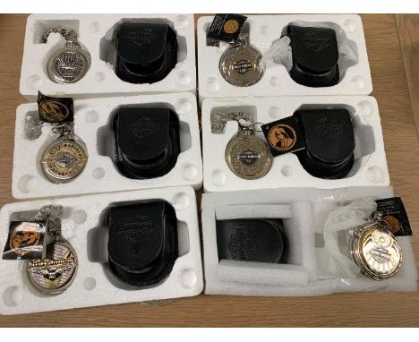 6 Harley Davidson cycles, pocket watches with a protective holder, brand new with original packaging