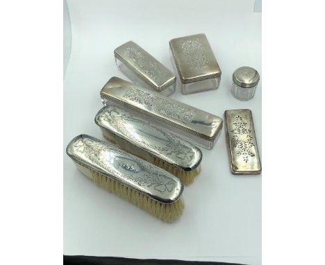 Set of Georgian silver topped glass dressing table pieces &amp; 2 silver topped brushes London 1827 