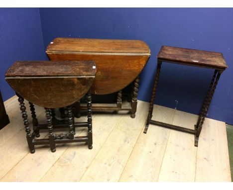 2 Oak drop leaf circular tables 114 &amp; 58 cm dia &amp; another small table 