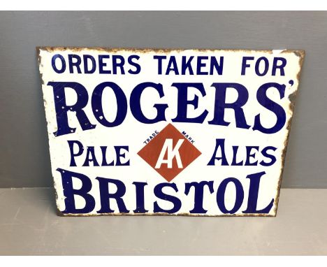 Enamel sign 'ORDERS TAKEN FOR ROGERS PALE ALES BRISTOL' 31 l x 42 w cm 