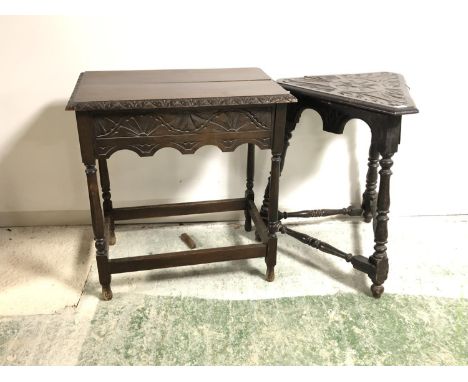 Oak side table, with carved front to drawer &amp; similar tripod table 