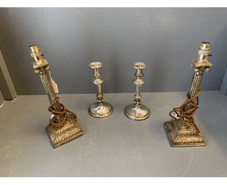 Pair of silver plated Corinthian column table lamps, &amp; pair of plated table candlesticks 