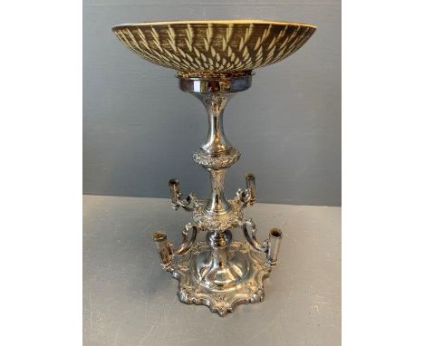 Edwardian silver epergne with ceramic top decorated in beige/brown 34 h cm marks to base WALKER &amp; HALL Sheffield England 