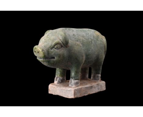Ca. 1368-1644 AD or later .A beautifully crafted green-glazed terracotta pig. The pig is depicted standing, with its tail cur