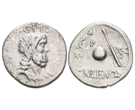 76-75 BC.Cn. Cornelius Lentulus Ar. denarius, uncertain mint in Spain. G•P•R; diademed and draped bust of the Genius Populi R