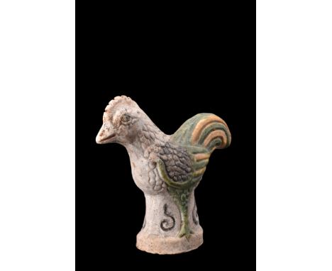 Ca. 1368-1644 AD or later .A beautifully crafted, multi-coloured glazed terracotta ceramic rooster. The tail feathers of the 