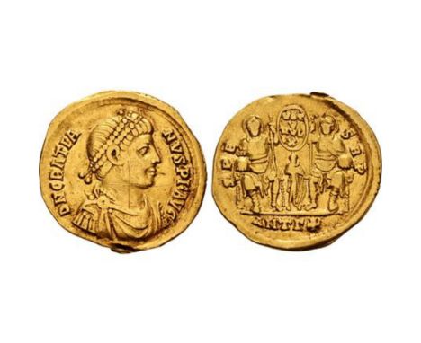 AD 368, Februrary .Gratian Av. solidus, Antioch mint, 3rd officina. DN GRATIA-NVS PF AVG; Pearl-diademed, draped, and cuirass