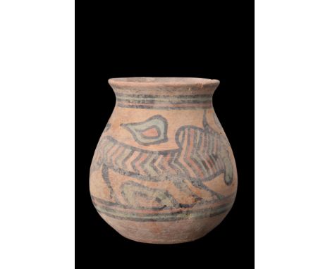 Ca. 3000-2500 BC.A terracotta cup featuring a flat base and a bulbous body that gently tapers towards a mouth boasting an eve