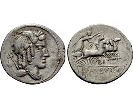 85 BC.L. Julius Bursio Ar. denarius, Rome. Laureate, draped and winged bust of Apollo Vejovis right, trident and axe to left.