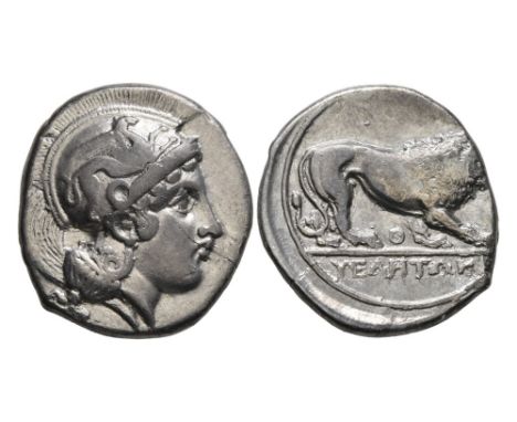 Ca. 340-334 BC.Lucania Velia Ar. didrachm. Head of Athena to right, wearing crested Attic helmet adorned with a griffin. Rev.