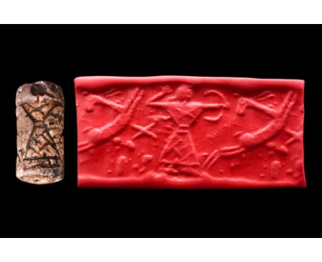 Ca. 2nd millennium BC. It depicts a bowman hunting a gazelle. An x-shaped star is found in the exergue.&nbsp; Studied by PD D