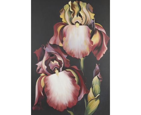 Lowell Nesbitt (American, 1933-1993). Large oil on canvas painting titled "Two Irises on Black" depicting two blooming pink-r