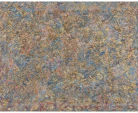 George Chann (Chinese/American, 1913-1995). Mixed media on canvas abstract painting in blue, yellow, and red. Signed along th