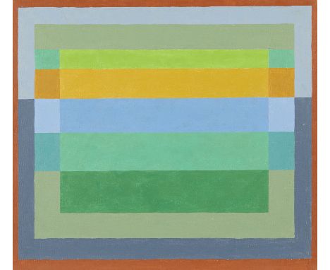 Urban Stanley Couch (American, 1927-2007). Oil on canvas painting titled "#4" depicting a square composed of bands in blues, 