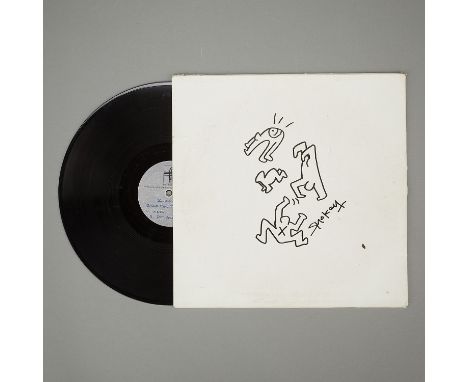 Possibly Keith Haring (American, 1958-1990). Felt-tip pen drawing or doodle on a DJ album cover depicting four figures in Har