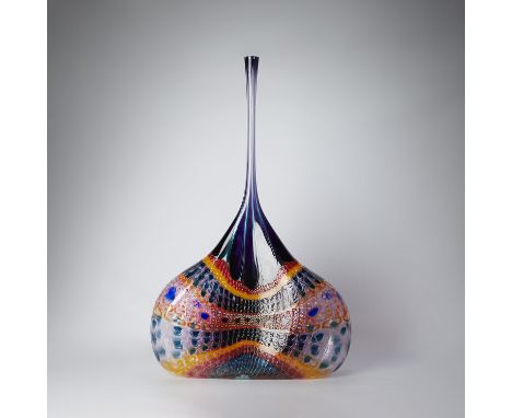 Stephen "Steve" Rolfe Powell (American, 1951-2019). Massive hand-blown multi-colored murrine glass vase of double-lobed form,