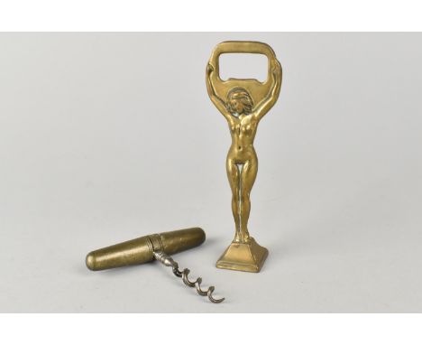 A Novelty Brass Bottle Opener in the Form of a Standing Nude together with a Travel Pocket Corkscrew