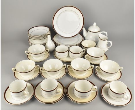 A Dudson Burgundy Trim Forty-Eight Piece Service to Comprise Cups, Saucers, Side Plates, Plates, Twin Handled Soup Bowls etc